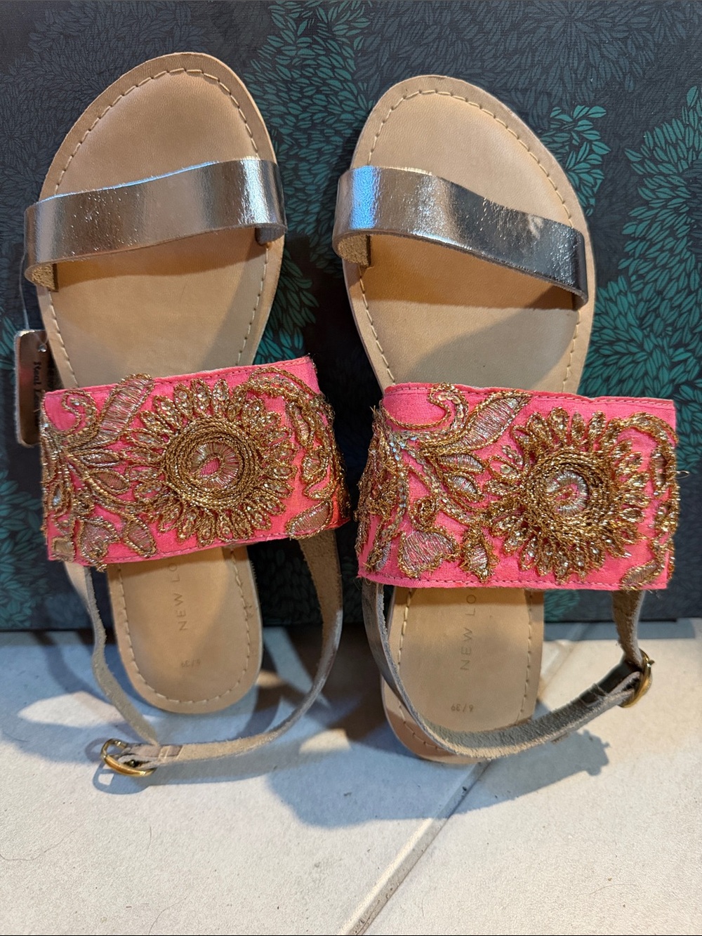 New Look Gold-Strap Sandals with Pink Embroidered Panels